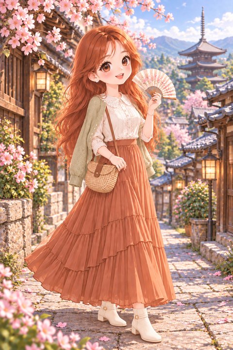 日间模式：圣雅身穿春日旅行穿搭，在京都樱花街道中优雅游览