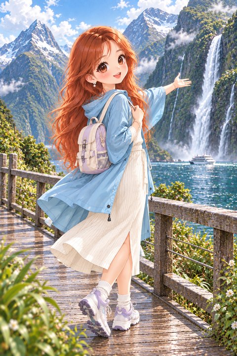 日间模式：圣雅在新西兰米尔福德峡湾瀑布步道旅行