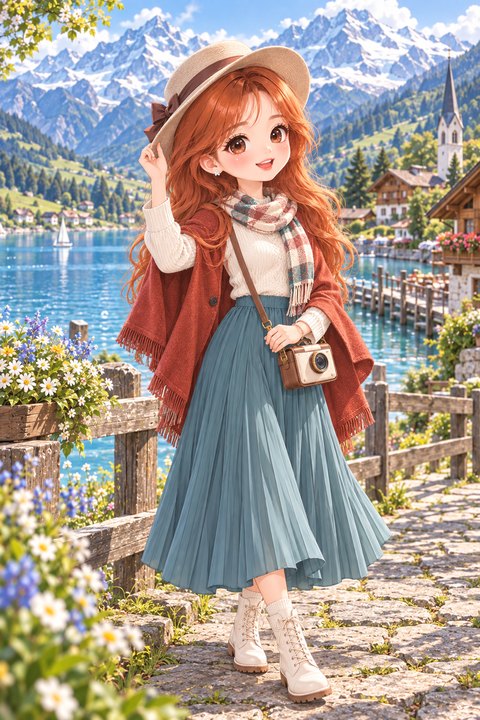 日间模式：圣雅身穿秋日旅行穿搭，在瑞士湖畔优雅旅行