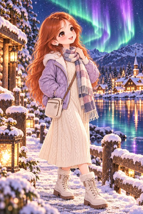 夜间模式：圣雅在拉普兰极光下的雪夜湖畔旅行