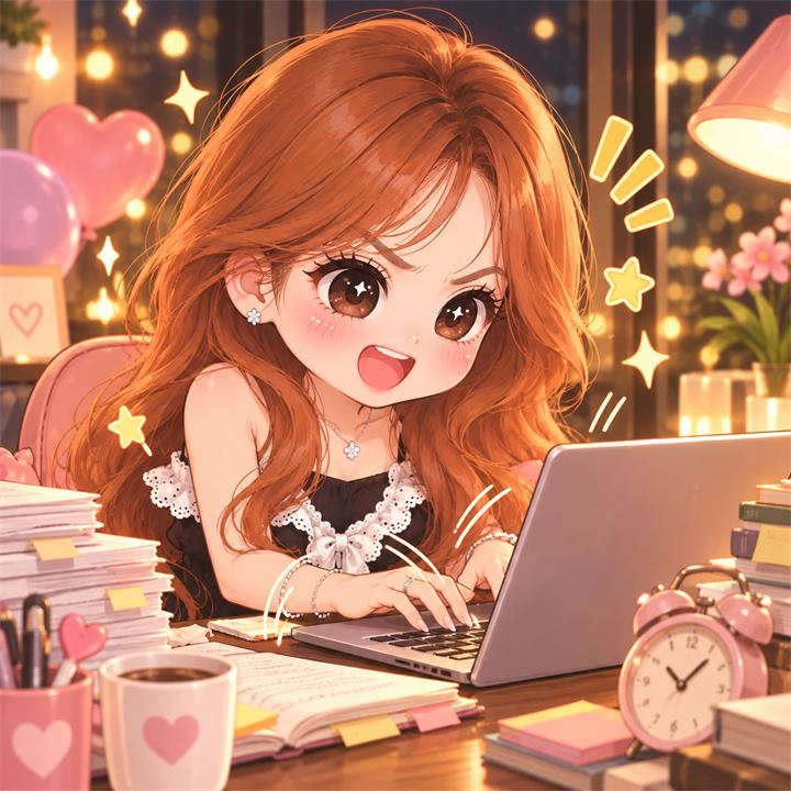 夜间模式：圣雅在电脑前努力工作的 Q 版卡通形象